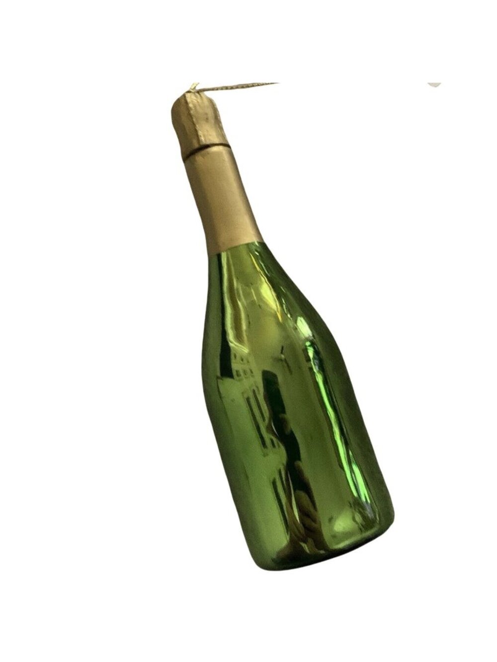 West Elm Ornament Glass Champagne Bottle Green Gold Christmas